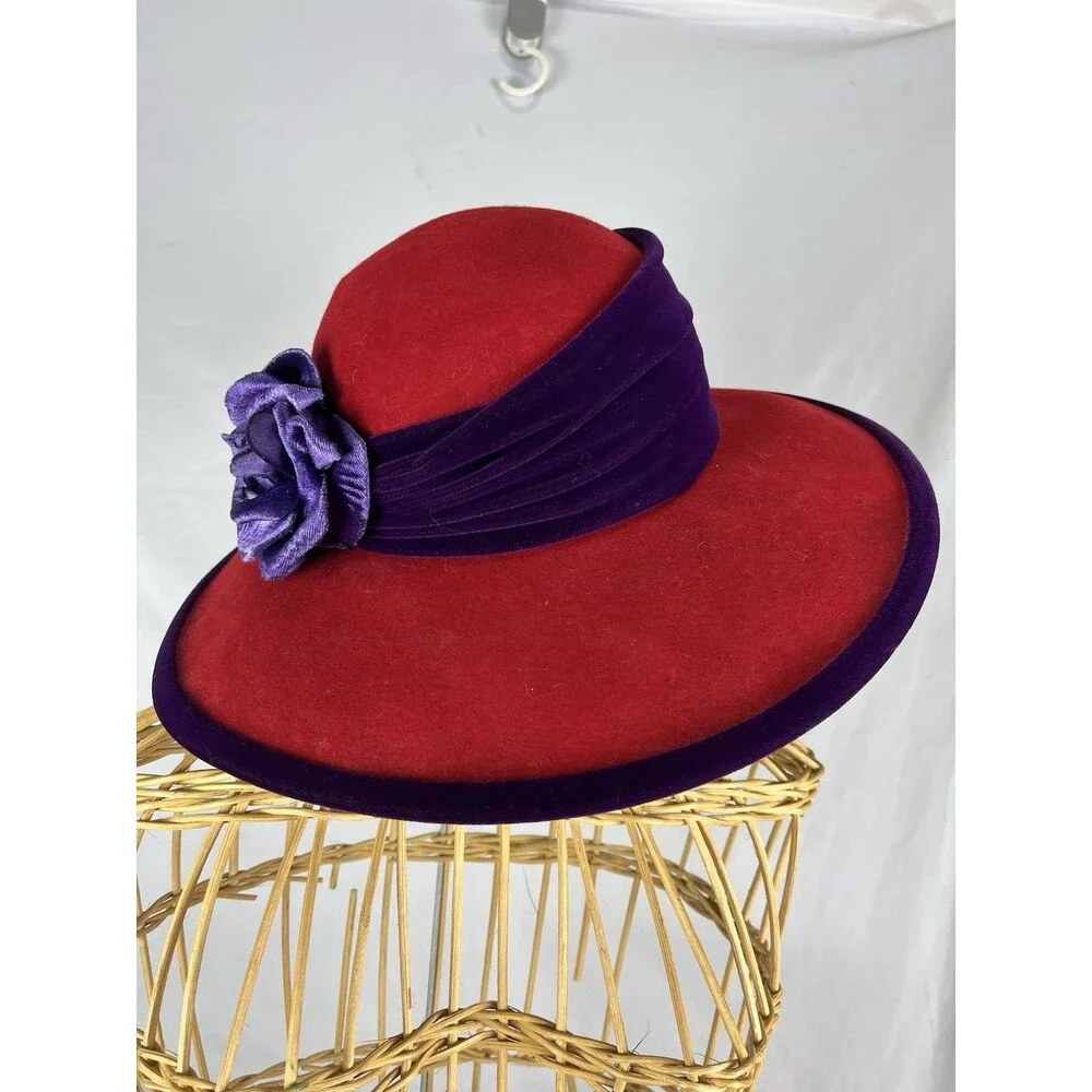 Scala Vintage Red Wool Wide Brim Hat Purple Trim Flower Church Derby Tea